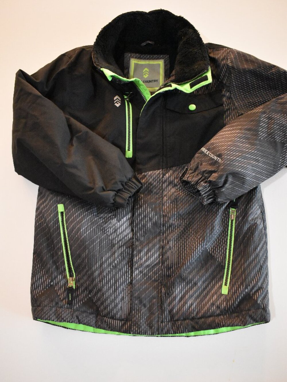 Free Country Kids Winter Jacket Medium 10/12 Black Gray Hooded Coat Neon Green